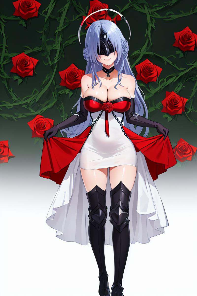 8k, best quality, masterpiece, (ultra-detailed), (high detailed skin), {best_quality},{{masterpiece}},{highres},original,extremely_detailed_wallpaper, girl,{an_extremely_delicate_and_beautiful girl},{{ultra-detailed}},{illustration},<lora:Alsace-sd-Tanger-000019:1>, Alsace, 1girl, large breasts, blue hair, very long hair, white dress, bare shoulders, armored boots, elbow gloves, thighhighs, halo, breast ribbon, half mask,covered eyescleavage, clothes_lift, collarbone, dress, dress_lift, elbow_gloves,full_body, gloves, lifted_by_self, long_dress, SMILE, (((red_dress))), simple_background, skirt_hold, solo, standing,white_background,(((rose))),(vines), (Chains), cage, bandage, (red rope),hazy