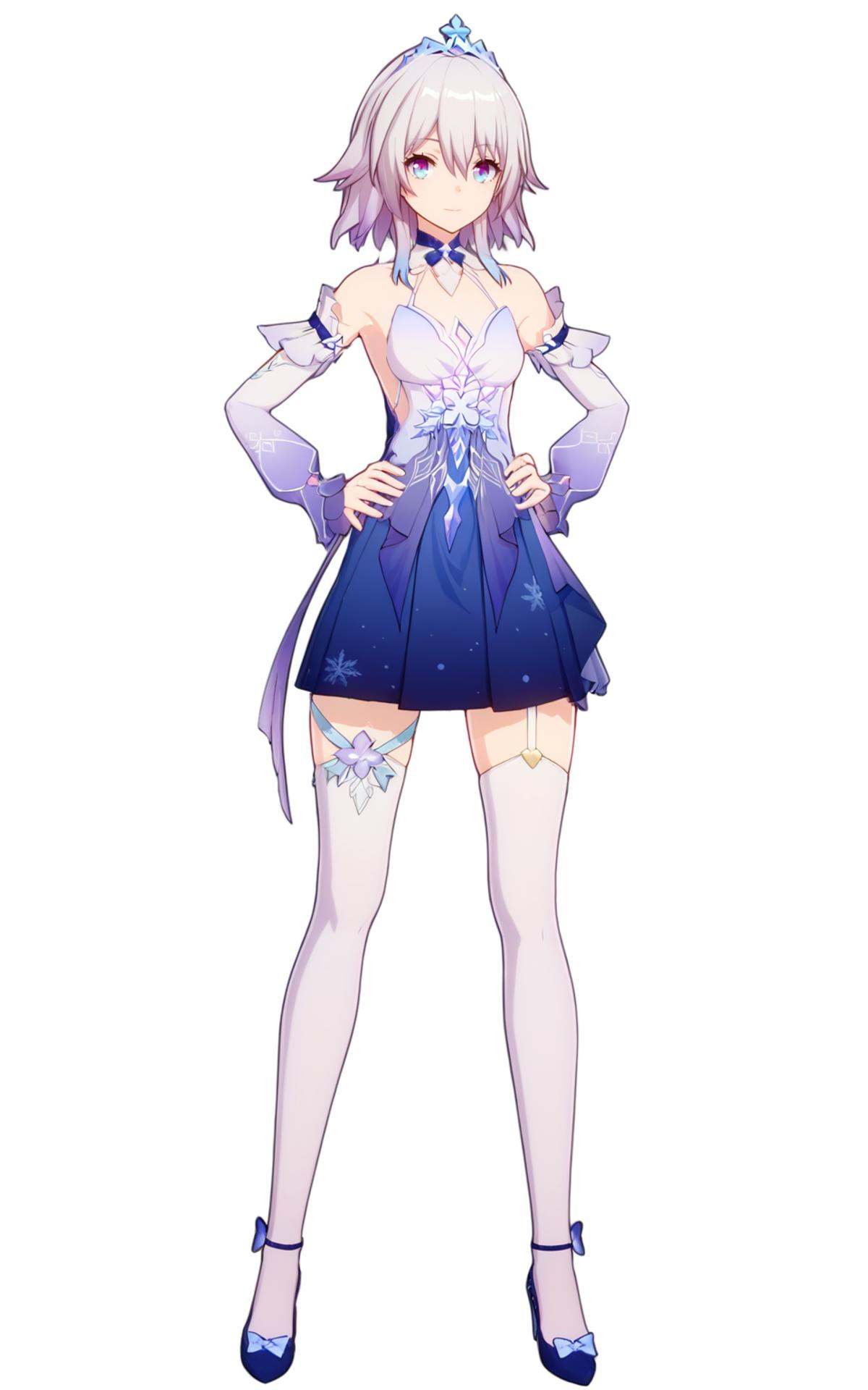 8k, best quality, masterpiece, (ultra-detailed), (high detailed skin), (white background:1.3), (full body:1.25), (white background), standing, looking at viewer, (solo:1.3), hands on hips, <lora:March7-A3-Tanger:0.8>, sanyueqi, 2nd clothes, blue princess short dress, 1girl, blue eyes, bangs, bare shoulders, dress, white thighhighs, (beautiful_face), ((intricate_detail)), clear face, ((finely_detailed)), fine_fabric_emphasis, ((glossy)), full_shot, 