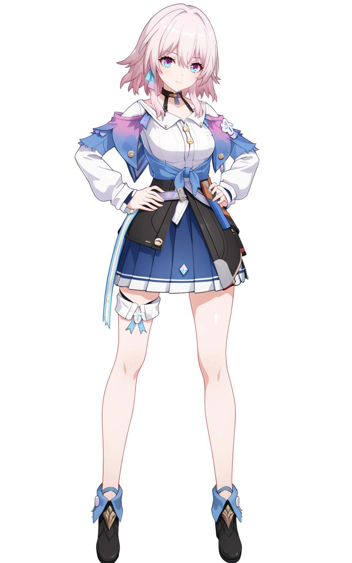 8k, best quality, masterpiece, (ultra-detailed), (high detailed skin), (white background:1.3), (full body:1.25), (white background), standing, looking at viewer, (solo:1.3), hands on hips, <lora:March7-A3-Tanger:0.8>, sanyueqi, 1st clothes, 1girl, blue skirt, pink hair, white shirt, bangs, long sleeves, blue eyes, (beautiful_face), ((intricate_detail)), clear face, ((finely_detailed)), fine_fabric_emphasis, ((glossy)), full_shot, 