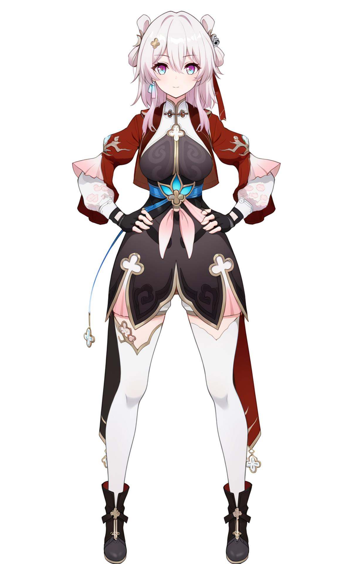 8k, best quality, masterpiece, (ultra-detailed), (high detailed skin), (white background:1.3), (full body:1.25), (white background), standing, looking at viewer, (solo:1.3), hands on hips, <lora:March7-A3-Tanger:0.8>, sanyueqi, 3rd clothes, chinese clothes, 1girl, fingerless gloves, multicolored eyes, breasts, black gloves, white thighhighs, (beautiful_face), ((intricate_detail)), clear face, ((finely_detailed)), fine_fabric_emphasis, ((glossy)), full_shot, 