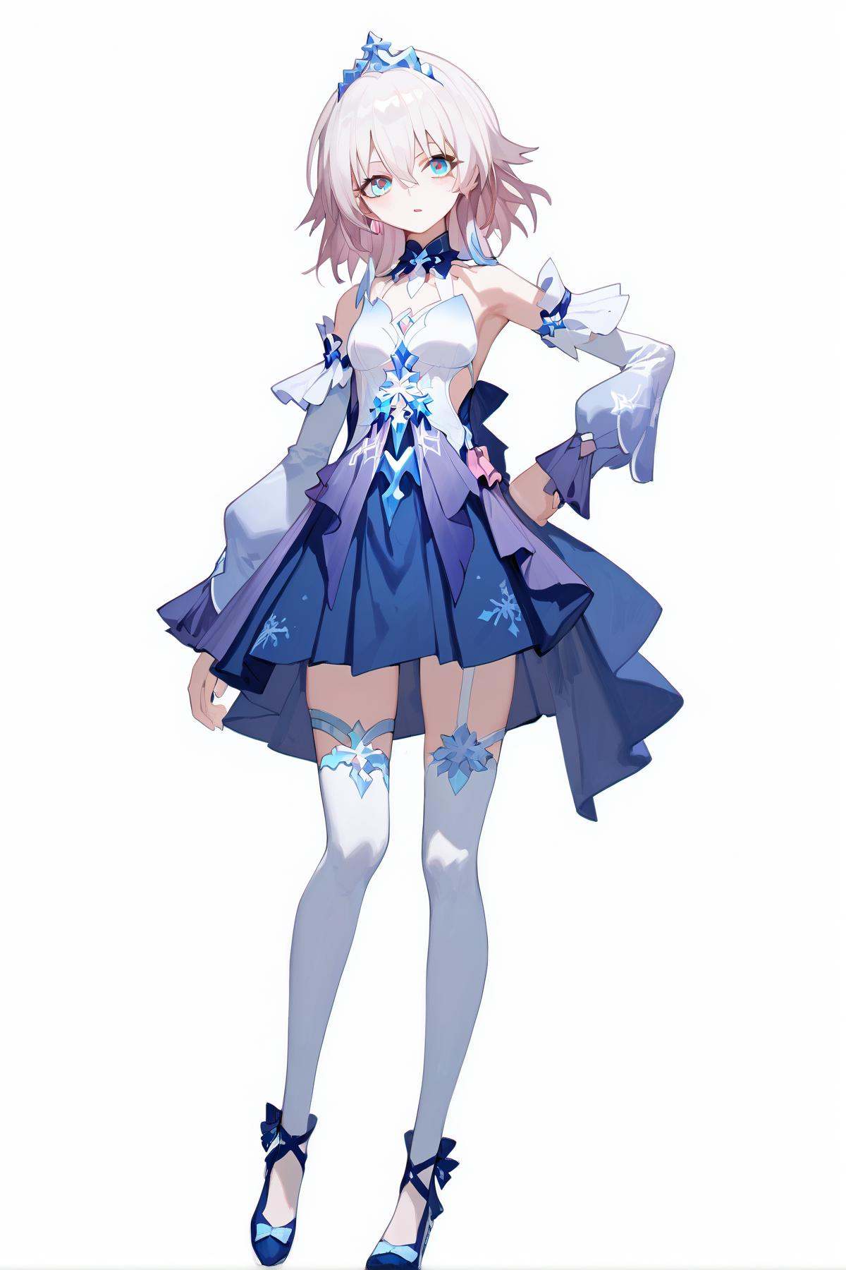 score_9, score_8_up, score_7_up, score_anime, 8k, best quality, masterpiece, (ultra-detailed), (white background,simple background:1.3), solo, hands on hip, (full body:1.1), looking at viewer, <lora:pony-Ldart_xl-000008:0.6>, masterpiece, best quality, <lora:Sh1r3nXLP:0.3>, (Sh1r3n:1.2), <lora:g0th1cPXL:0.3>, g0thicPXL, glowing, neon, <lora:March7-pony-Tanger:0.8>,  sanyueqi, 2nd clothes, blue princess short dress, 1girl, blue eyes, bangs, bare shoulders, dress, white thighhighs, 