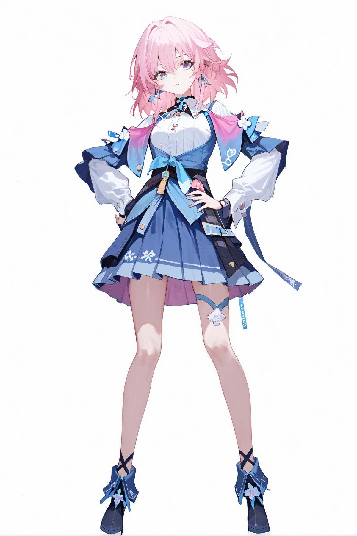 score_9, score_8_up, score_7_up, score_anime, 8k, best quality, masterpiece, (ultra-detailed), (white background,simple background:1.3), solo, hands on hip, (full body:1.1), looking at viewer, <lora:pony-Ldart_xl-000008:0.6>, masterpiece, best quality, <lora:Sh1r3nXLP:0.3>, (Sh1r3n:1.2), <lora:g0th1cPXL:0.3>, g0thicPXL, glowing, neon, <lora:March7-pony-Tanger:0.8>, sanyueqi, 1st clothes, 1girl, blue skirt, pink hair, white shirt, bangs, long sleeves, blue eyes, 