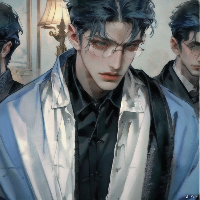  super realistic,best quality,insane details, intricate details, hyperdetailed, hyper quality, high detail, ultra detailed, Masterpiece,depth of field, Ultra High Quality, (masterpiece:1.2), best quality,realistic,midjourney,1boy, gloves, male focus, quill, glasses, jewelry, earrings, eyewear strap, white background, deep blue hair, monocle, holding, black gloves, short hair, hand in pocket, book, shirt, long sleeves, simple background, looking at viewer, tassel, hair between eyes, multiple views, lamp, bangs, collared shirt, paper, single earring, coat, pants, black coat, round eyewear, closed mouth, solo , a boy with deep blue hair_long hair_hanfu, Detail,green eyes, jingxuan