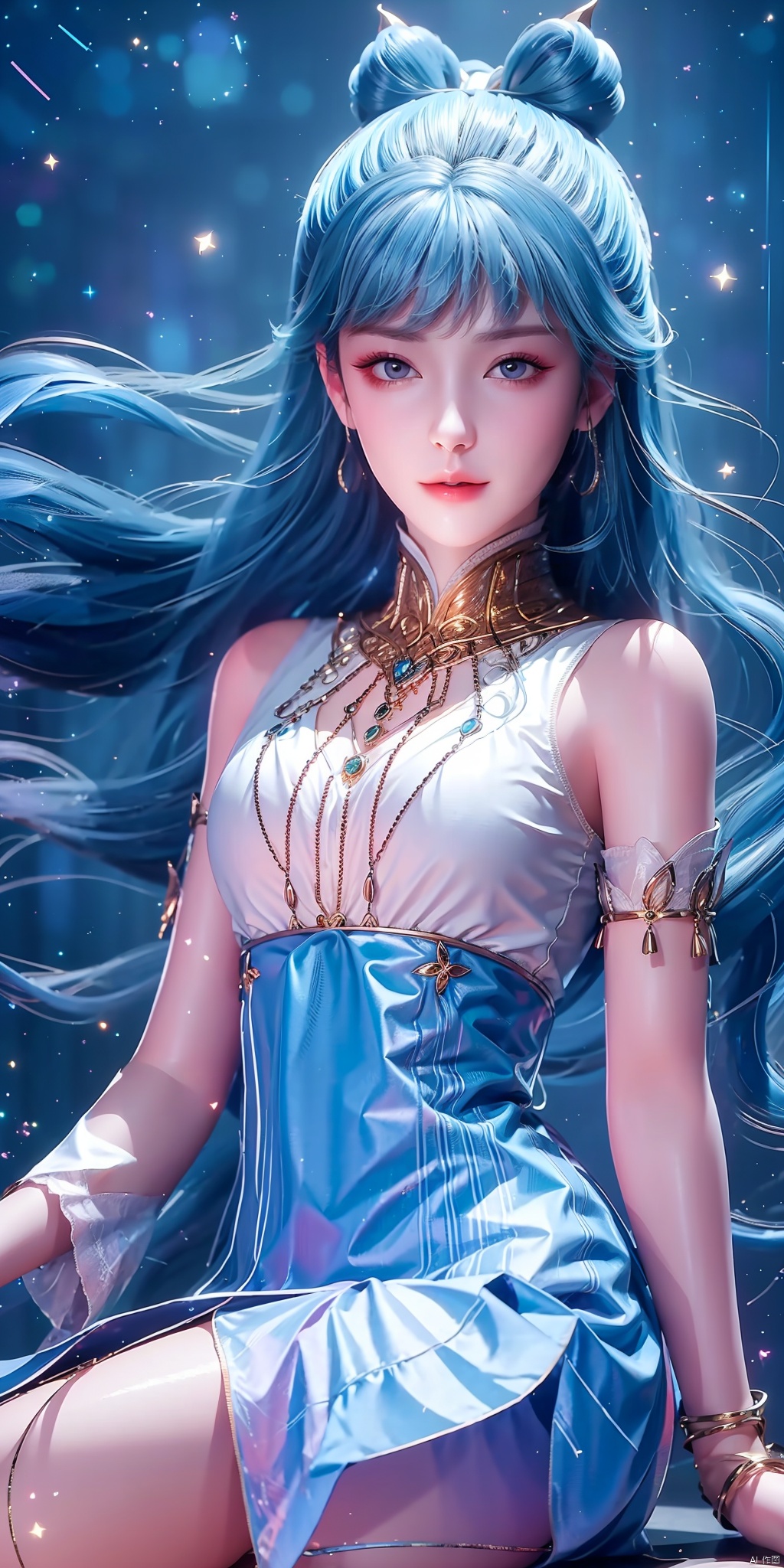 High definition wallpaper, half body, long blue and pink hair, 1 girl, exquisite hair accessories, (half body: 1.2) beautiful, blue hair, long hair up to waist, straight hair, long hair flowing in the wind, headgear, earrings, plump figure, slight smile, blue pink gauze skirt, various poses, (sitting under the stars: 1.5) breasts, cleavage, collarbone, big chest, solid color background, (pink blue gradual change background: 1.2) pink blue gradual change background.