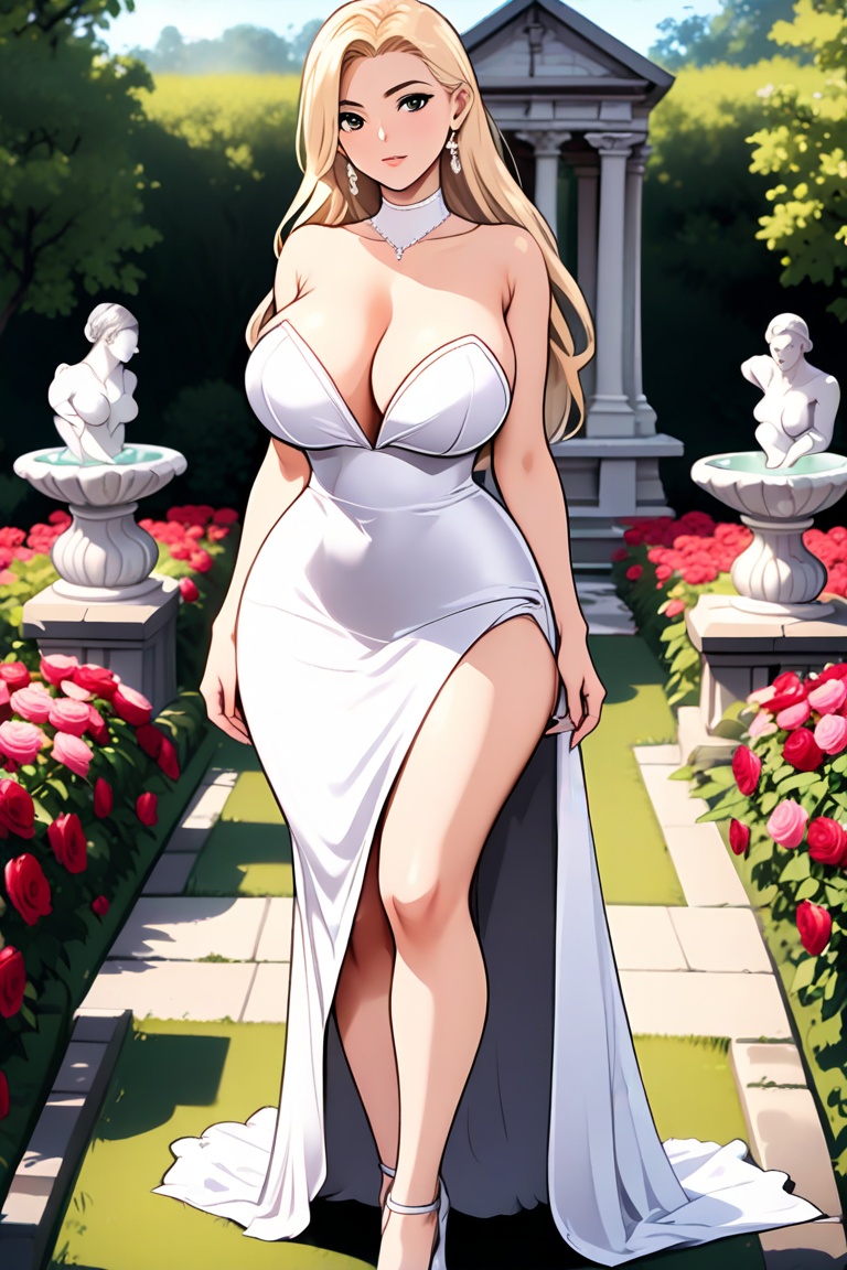 voluptuous curvy British model,  long blonde hair,  full body anime screenshot on Tensor.Art