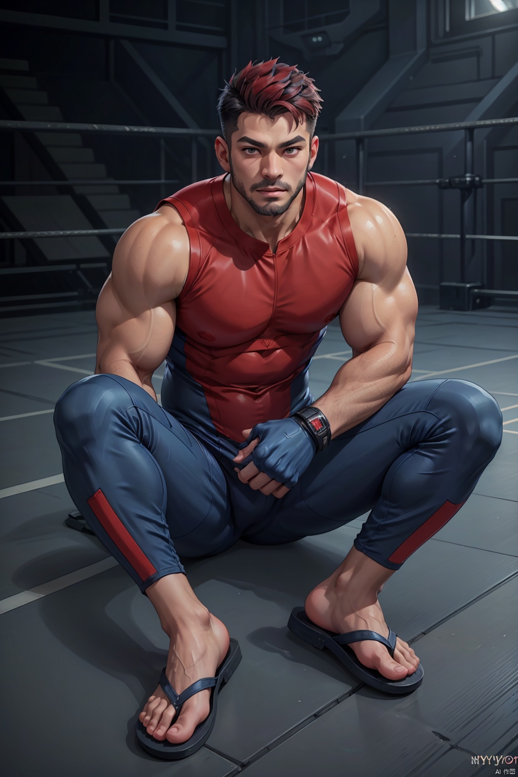 1boy,full body,male focus,,Exquisite face,bara,solo,muscular,facial hair,( sleeveless:1.5),(blue_red tight suit:1.5),(Bare shank:1.5),Dynamic posture,Sports arena, wrestling field,best quality,4k,amazing quality, best aesthetic, flip-flops, (Raise  toes:1.1),perfect details, Rubber Flooring,BY MOONCRYPTOWOW