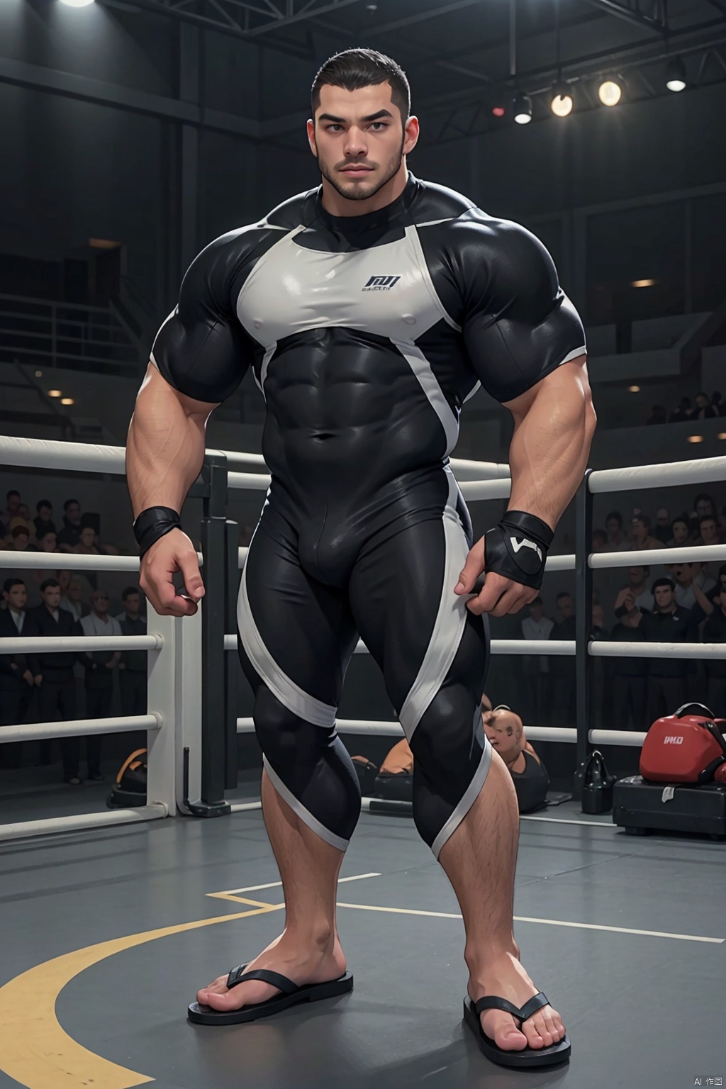 1boy,full body,male focus,(buzz cut,:1.3),Exquisite face,bara,solo,muscular,facial hair, (tight suit:1.5),Dynamic posture,Sports arena, wrestling field,best quality,4k,amazing quality, best aesthetic, flip-flops, Raise  toes