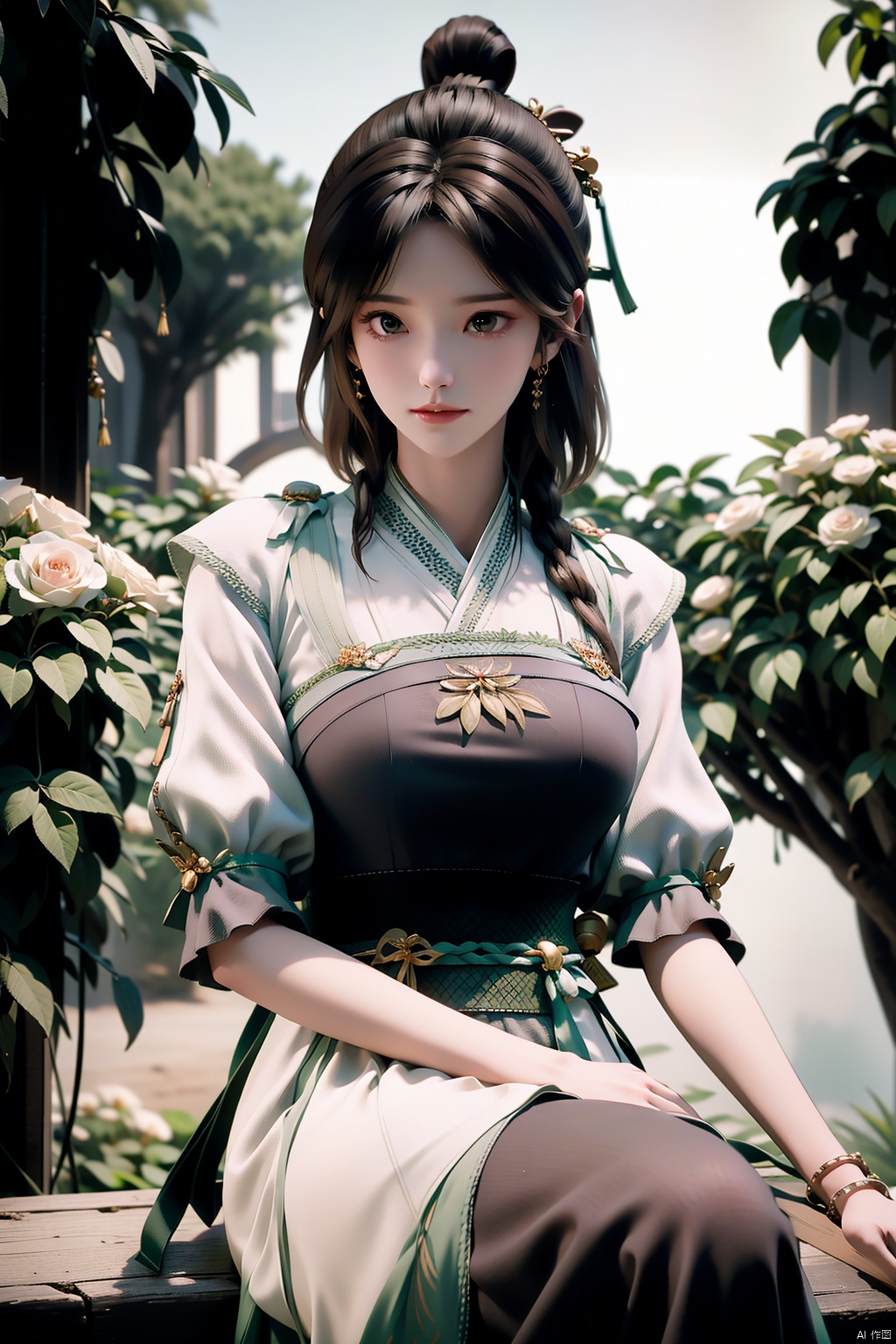 jitanyin,black hair,bracelet,brown eyes,hair ornament,jewelry,long hair,sash,solo,china_dress,dress,bangs,breasts,hanfu,hair bun,hair stick,sash,Garden, huge flowers,garden, the rose,sky,Outdoor,Sitting,