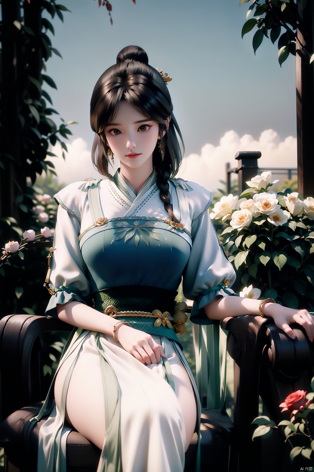 jitanyin,black hair,bracelet,brown eyes,hair ornament,jewelry,long hair,sash,solo,china_dress,dress,bangs,breasts,hanfu,hair bun,hair stick,sash,Garden, huge flowers,garden, the rose,sky,Outdoor,Sitting,