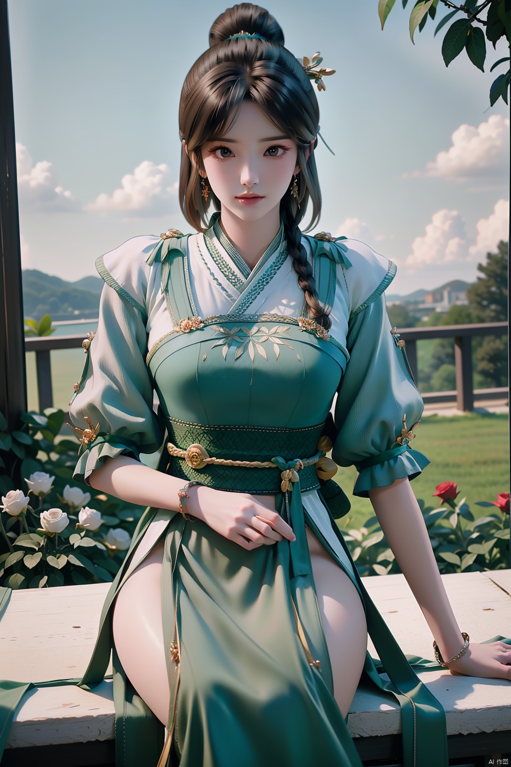 jitanyin,black hair,bracelet,brown eyes,hair ornament,jewelry,long hair,sash,solo,china_dress,dress,bangs,breasts,hanfu,hair bun,hair stick,sash,Garden, huge flowers,garden, the rose,sky,Outdoor,Sitting,