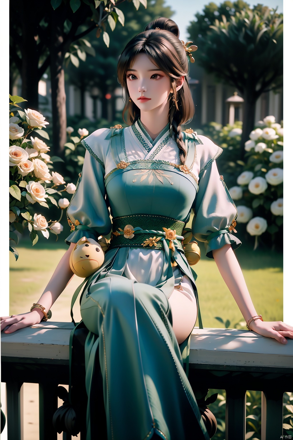 jitanyin,black hair,bracelet,brown eyes,hair ornament,jewelry,long hair,sash,solo,china_dress,dress,bangs,breasts,hanfu,hair bun,hair stick,sash,Garden, huge flowers,garden, the rose,sky,Outdoor,Sitting,