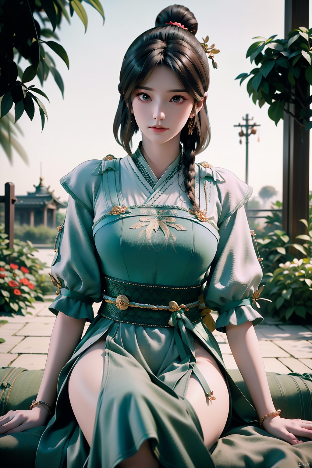jitanyin,black hair,bracelet,brown eyes,hair ornament,jewelry,long hair,sash,solo,china_dress,dress,bangs,breasts,hanfu,hair bun,hair stick,sash,Garden, huge flowers,garden, the rose,sky,Outdoor,Sitting, ((poakl))
