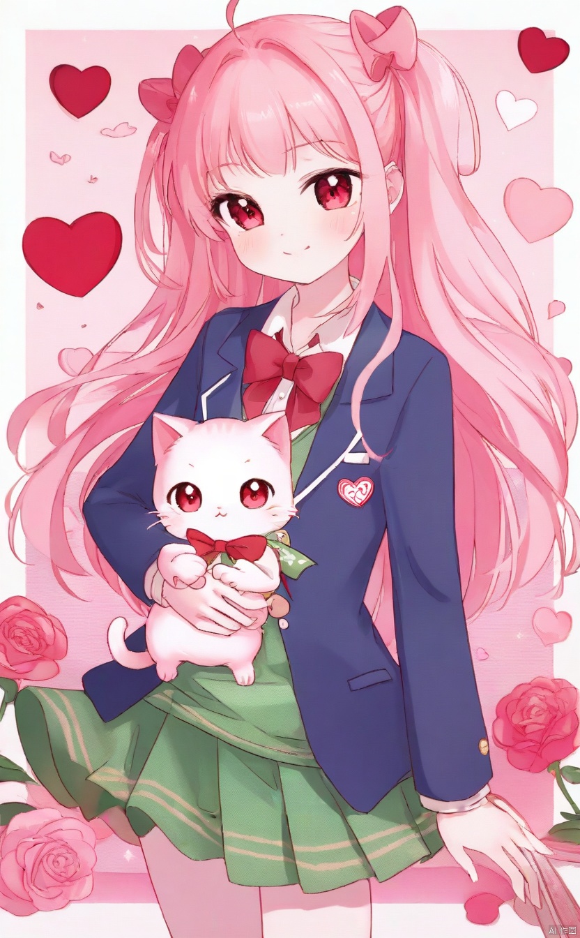 The image presents a stylized character that appears to be from an anime or manga. The character has pink hair with red highlights, large expressive eyes, and is wearing a school uniform which includes a blue blazer with a pink bow and a green skirt adorned with hearts. They are holding a small cat with a matching pink bow. The background is pink with heart shapes and rose petals, suggesting a romantic or affectionate theme. The overall impression is one of sweetness and tenderness, typical of certain genres of Japanese animation and illustration.