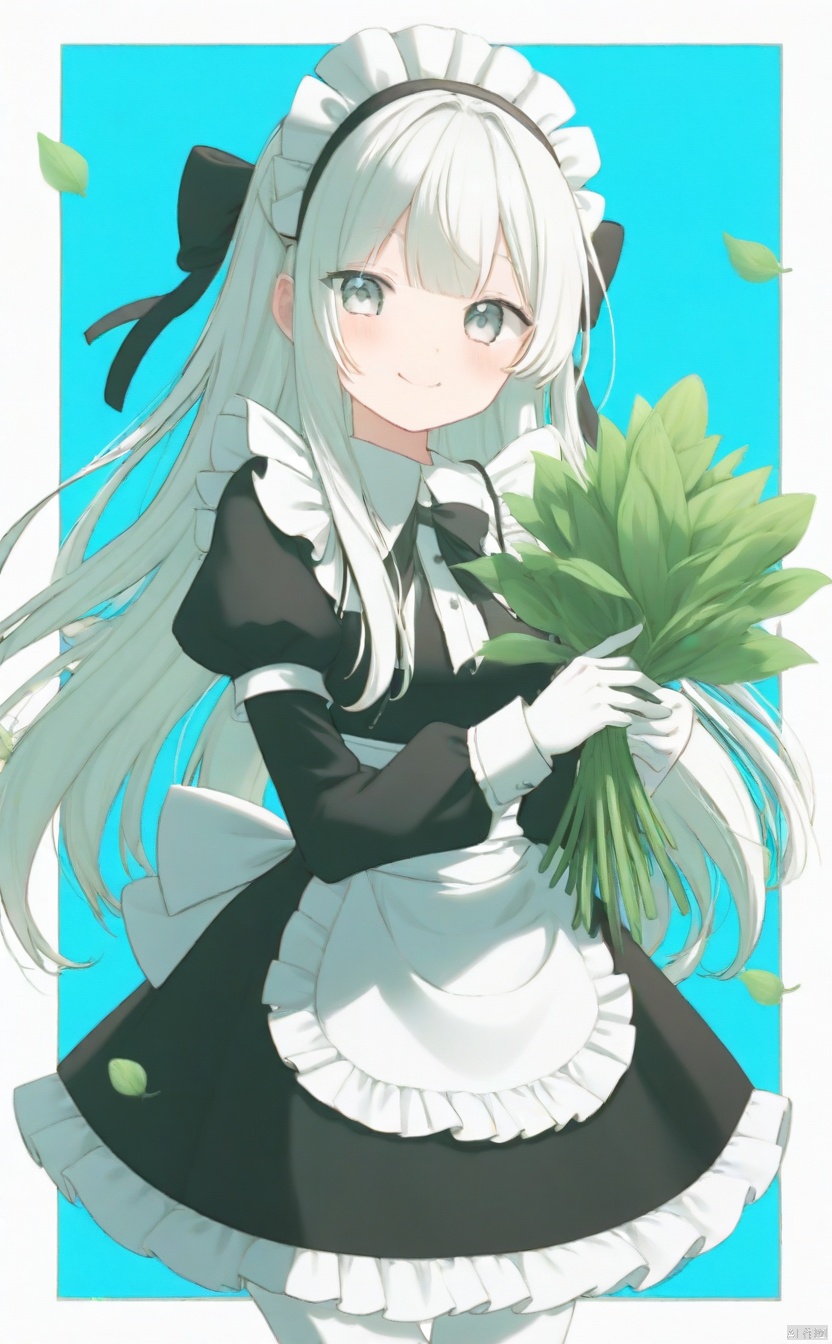 The image is a stylized illustration that features an anime character. The character has long, flowing white hair and is dressed in a black dress with a white collar and cuffs, which suggests a maid's outfit. The character is holding a bunch of green leaves or small flowers in one hand, and there is a subtle smile on her face. The background is minimalistic, with a blue vertical stripe on the left side and a faint shadow behind the character, which gives a sense of depth to the image. The overall aesthetic is delicate and elegant.