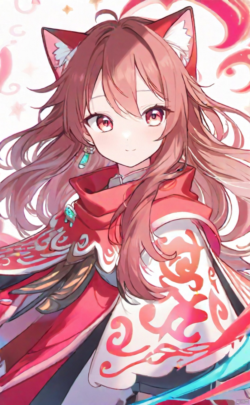 The image depicts an anime-style illustration of a character. The character has long, wavy brown hair with pink highlights and is adorned with cat-like ears, suggesting a feline motif. The eyes are large and expressive, colored pink, which is a common trait in anime characters to convey emotion. The attire is reminiscent of a fantasy or magical theme, with a cloak that features red and white patterns, possibly indicating a rank or affiliation. The background is abstract, with colorful, flowing shapes that do not represent a specific setting, focusing the viewer's attention on the character. There is no discernible context provided by the background, which is a common technique in anime illustrations to highlight the character.