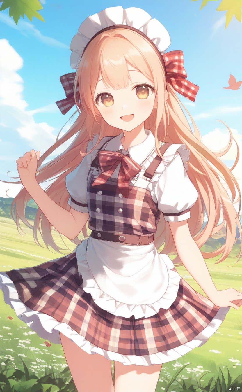 The image is a piece of artwork featuring an anime-style character. The character has distinctive features such as large eyes, long hair, and a detailed outfit that includes a bow and a checkered apron. The background suggests a natural outdoor setting with a sky and grass, which adds to the serene and playful atmosphere of the illustration. The character's pose and expression convey a sense of joy and playfulness.