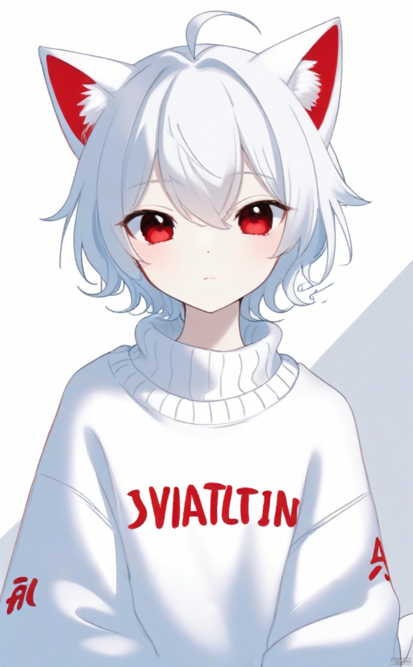 The image depicts an animated character with distinctive features such as large, expressive eyes and pointed ears that suggest a non-human species, possibly a cat or fox. The character is dressed in a casual white sweater adorned with red text, indicating a possible affiliation or interest. The background is minimalistic, allowing the focus to remain on the character. The color palette consists of soft whites, pale blues, and subtle hints of red from the text on the sweater. The overall impression is one of innocence and contemplation.