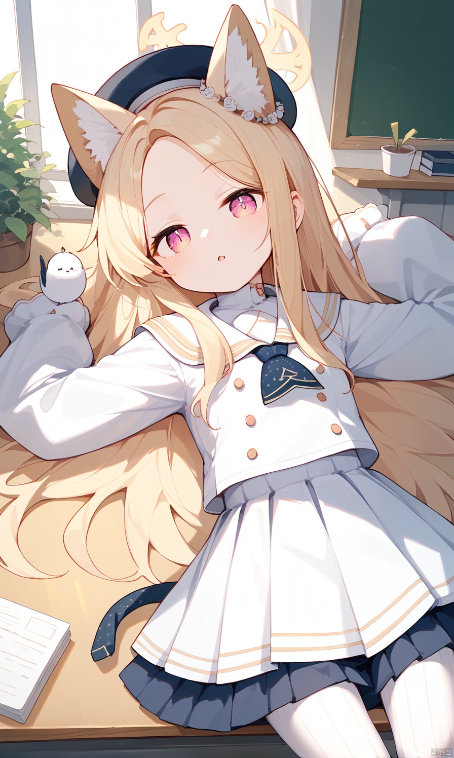   (score_9,score_8_up,score_7_up),1girl,(masterpiece:1.3),( beautiful:1.2),(high quality:1.2),(finely detailed:1.2),extremely detailed CG unity 8k wallpaper,best quality,a very delicate and beautiful,perfect fingers,(one cute girl at the center:1.2),1girl, solo, long hair, looking at viewer, bangs, skirt, blonde hair, shirt, red eyes, long sleeves, hat, animal ears, very long hair, school uniform, tail, white shirt, flower, pantyhose, pleated skirt, lying, serafuku, indoors, on back, pink eyes, sailor collar, animal ear fluff, sleeves past wrists, parted bangs, fox ears, feet out of frame, leaf, halo, white skirt, desk, white pantyhose, white sailor collar, school desk, white serafuku,seiaBA