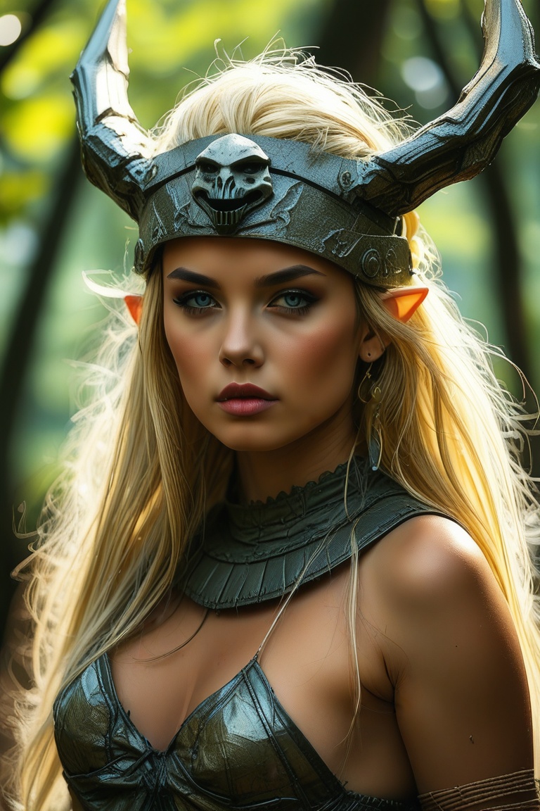 close up on face, masterpiece, great lighting, closeup portrait of stunning tribal elf, Japanese, long blonde hair, bangs, tanned skin, dragon-skull bone helmet, earrings, hair ornaments, leather armor, no shirt, cleavage, armlets, ornate necklace, forest in dappled sunlight. Perfect Composition, realistic photographic image, RAW photo highest qualit