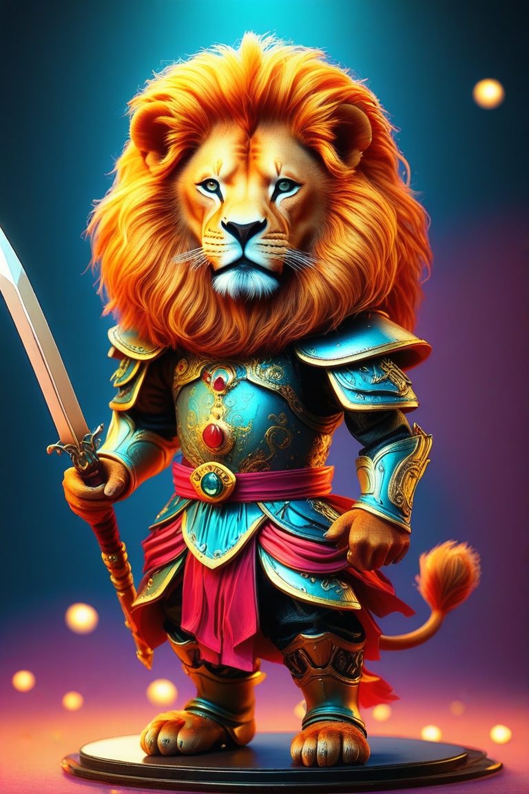 In a vibrant and colorful scene, a majestic sword-like figure adorns a miniature ensemble. The lion's fur is intricately detailed, and its eyes are painted with passion. A frilly bow, 