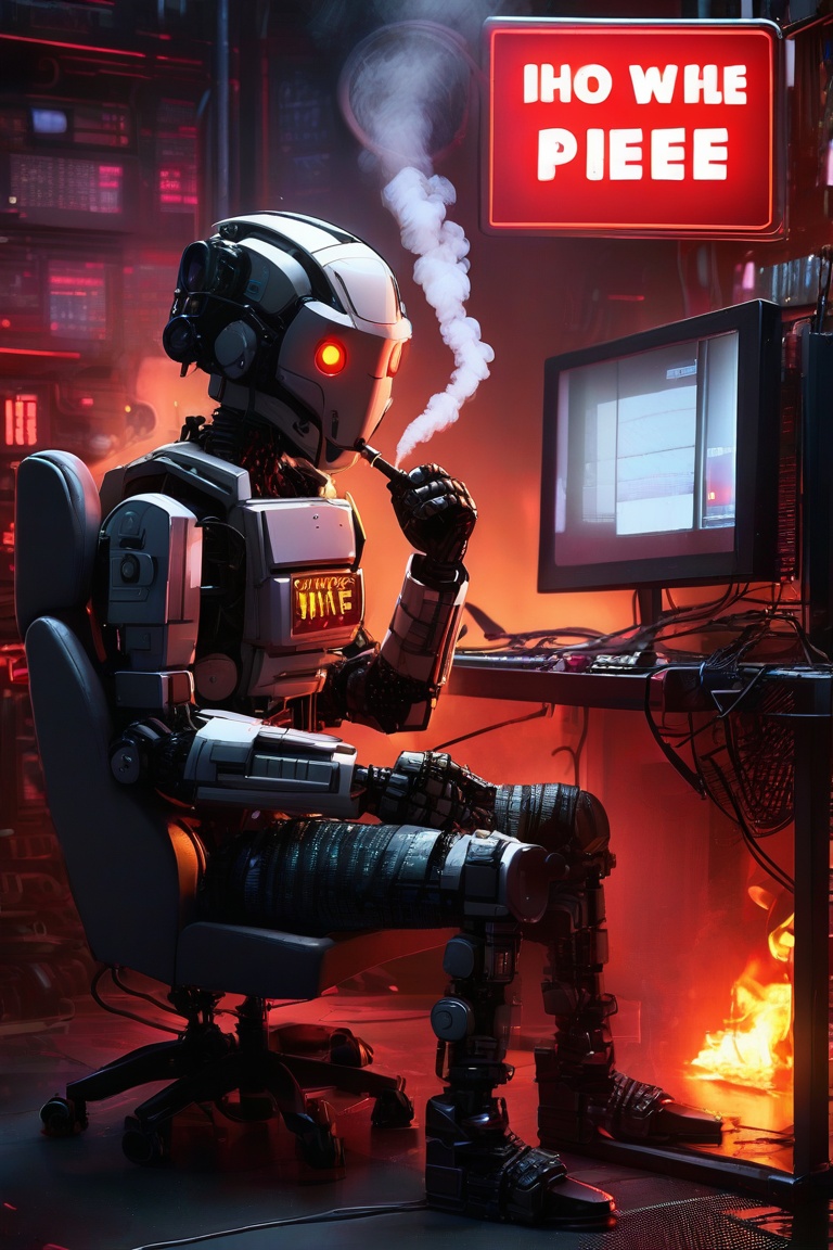 A lone  robot sits in his chair, smoking a cigarette while the computer room he is in is filled with flames, smoke is coming out of the central server with a big sign above it that reads "OH FUDGE I NEED HELP" in big red bold letters. The robot is speaking on the telephone, holding a sign "FIRE!! FIRE!! HELP US!!" in yellow text, highly detailed, ultra high quality, 4k
