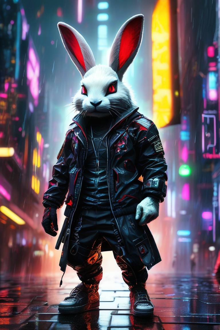 An ***** white rabbit stands in a cyberpunk city, in the rain. He's wearing a cyberpunk style jacket. The rabbit has an augmentation on his right eye and a lot of scars. Kierpunk implants are visible on the rabbit. A masterpiece, maximum detail, cinematography.