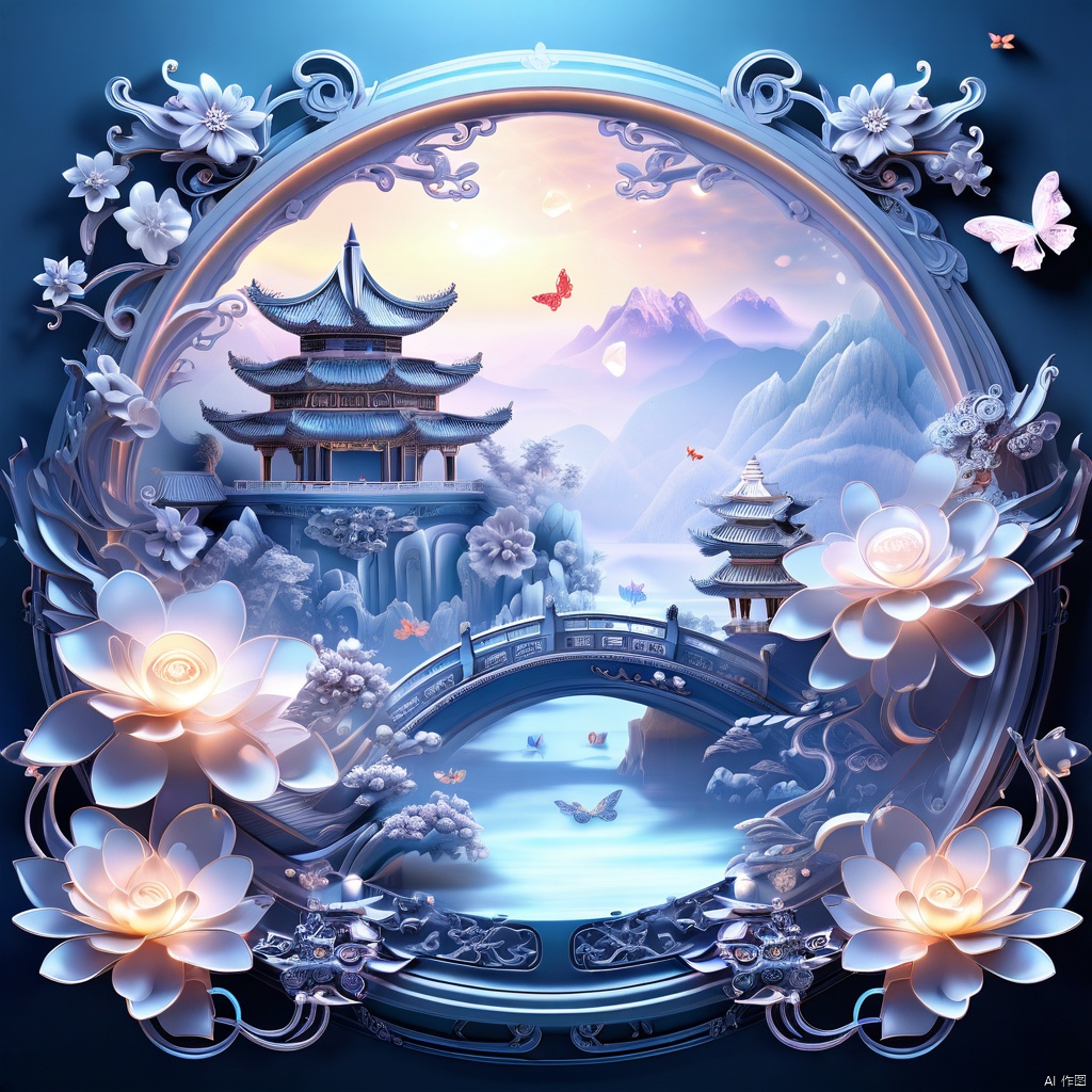 中国3D山水画背景,（复杂雕刻背景）,中国宋代山水画,蓝色主题,超现实主义幻想风格,闪电,光,发光蝴蝶,宝石,闪闪发光,丝带,花,花瓣,反射,反射光,宝石,凤凰