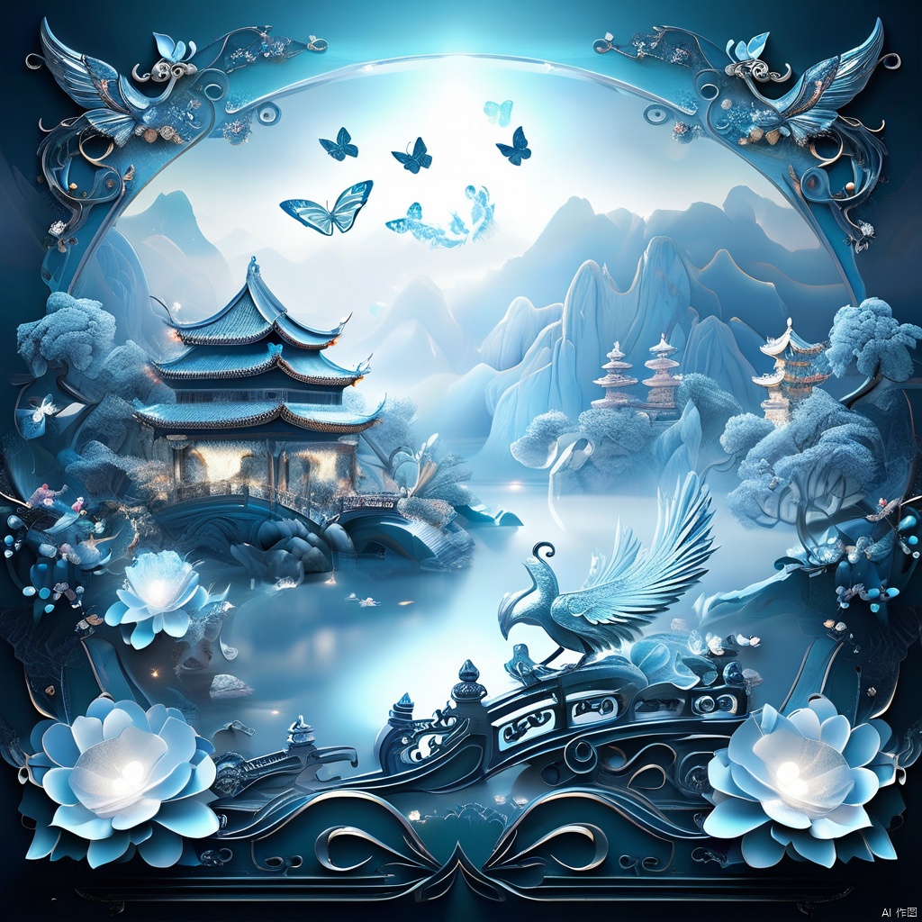 中国3D山水画背景,（复杂雕刻背景）,中国宋代山水画,蓝色主题,超现实主义幻想风格,闪电,光,发光蝴蝶,宝石,闪闪发光,丝带,花,花瓣,反射,反射光,宝石,凤凰