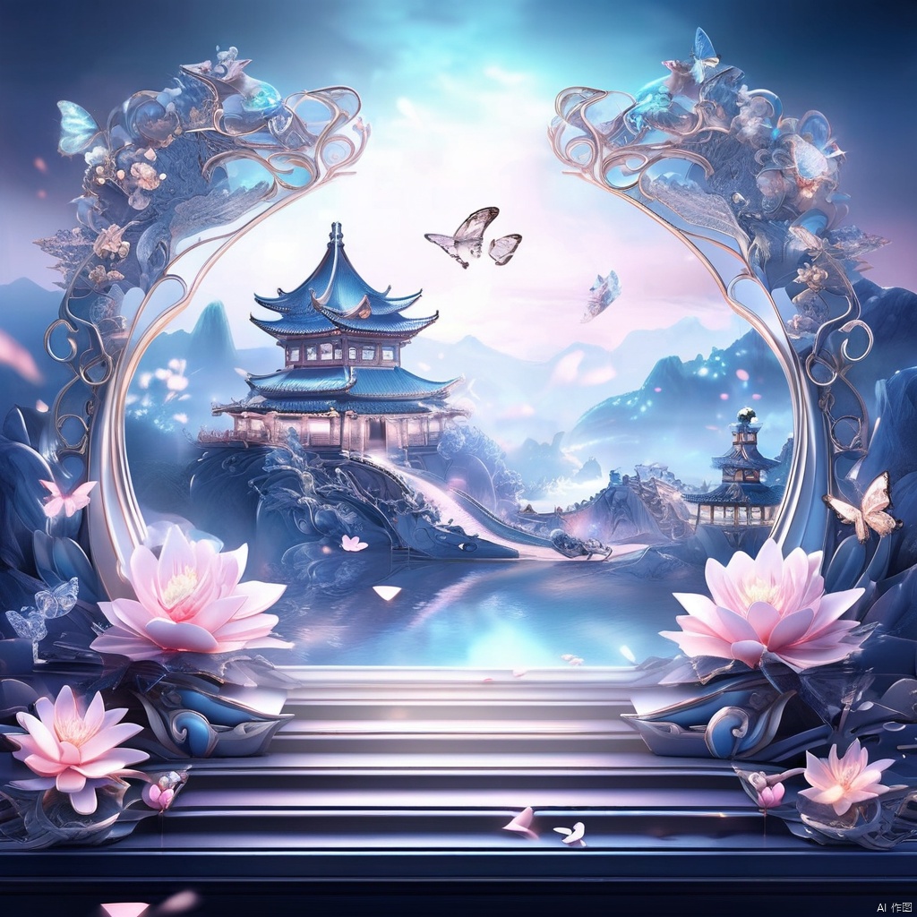 中国3D山水画背景,（复杂雕刻背景）,中国宋代山水画,蓝色主题,超现实主义幻想风格,闪电,光,发光蝴蝶,宝石,闪闪发光,丝带,花,花瓣,反射,反射光,宝石