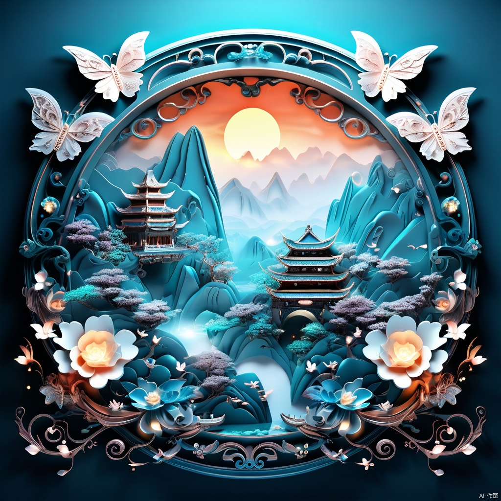 中国3D山水画背景,（复杂雕刻背景）,中国宋代山水画,蓝色主题,超现实主义幻想风格,闪电,光,发光蝴蝶,宝石,闪闪发光,丝带,花,花瓣,反射,反射光,宝石,凤凰