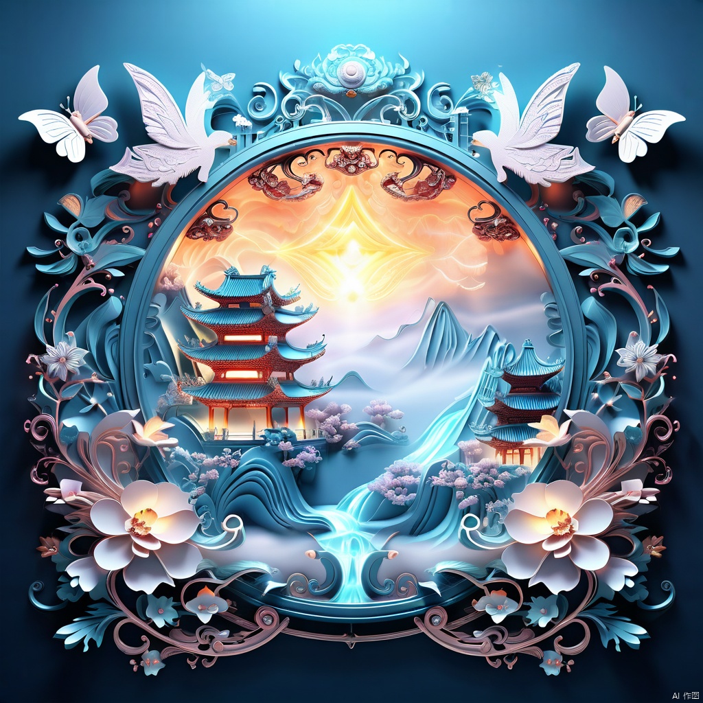 中国3D山水画背景,（复杂雕刻背景）,中国宋代山水画,蓝色主题,超现实主义幻想风格,闪电,光,发光蝴蝶,宝石,闪闪发光,丝带,花,花瓣,反射,反射光,宝石,凤凰