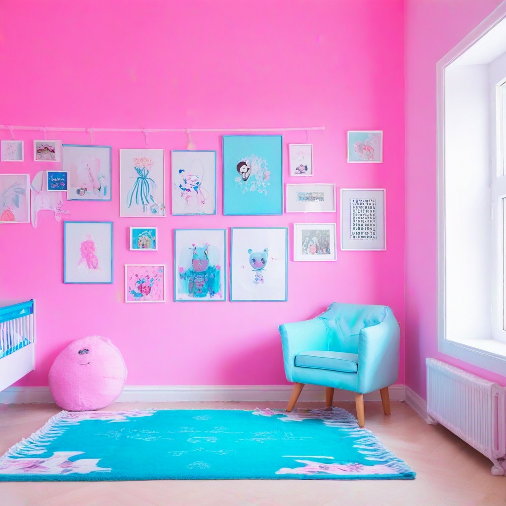 a little girl's room with pink walls, a blue rug and lots of pictures hanging on the wall,Interior design
