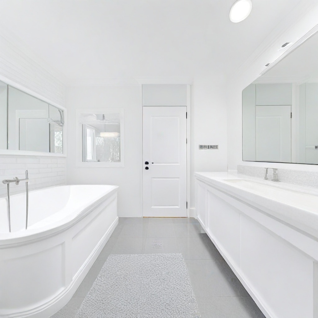 a clean white bathroom with gray counter tops and a large walk - in tub next to the bathtub,Interior design