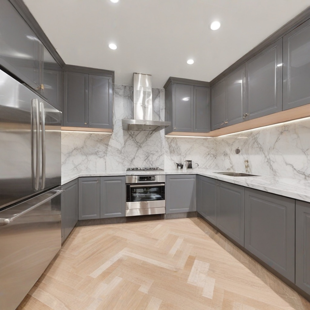 a modern kitchen with a marble counter top and stainless steel appliances in the middle of a hardwood floor,Interior design
