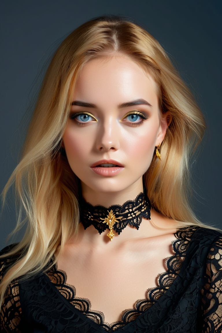 Surrealist art ohwx woman wearing a golden choker,  lace black shirt, on Tensor.Art
