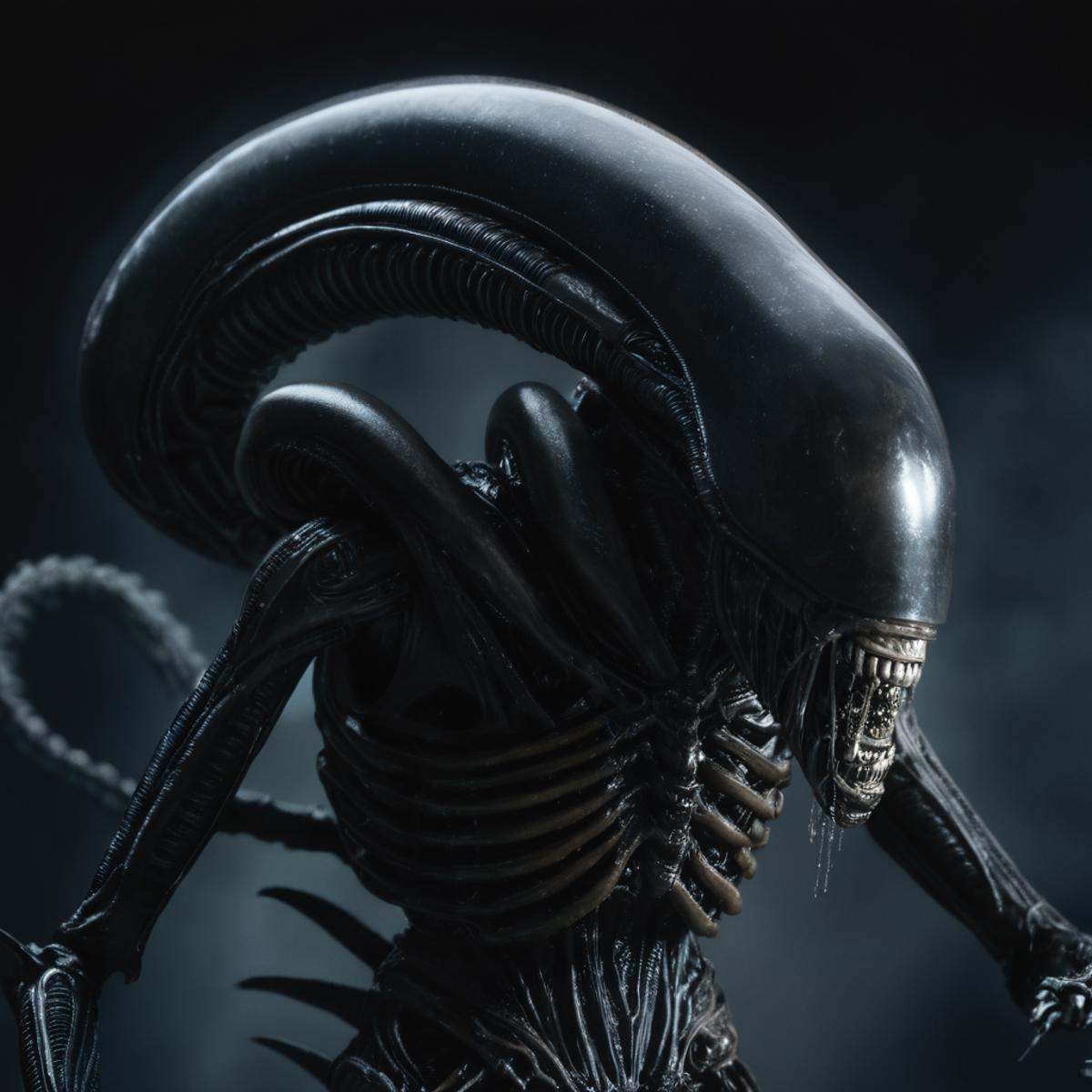 cinematic film still of Xenomorph a statue of a alien with a large head and a long tail,  endoparasitoid extraterrestrial...