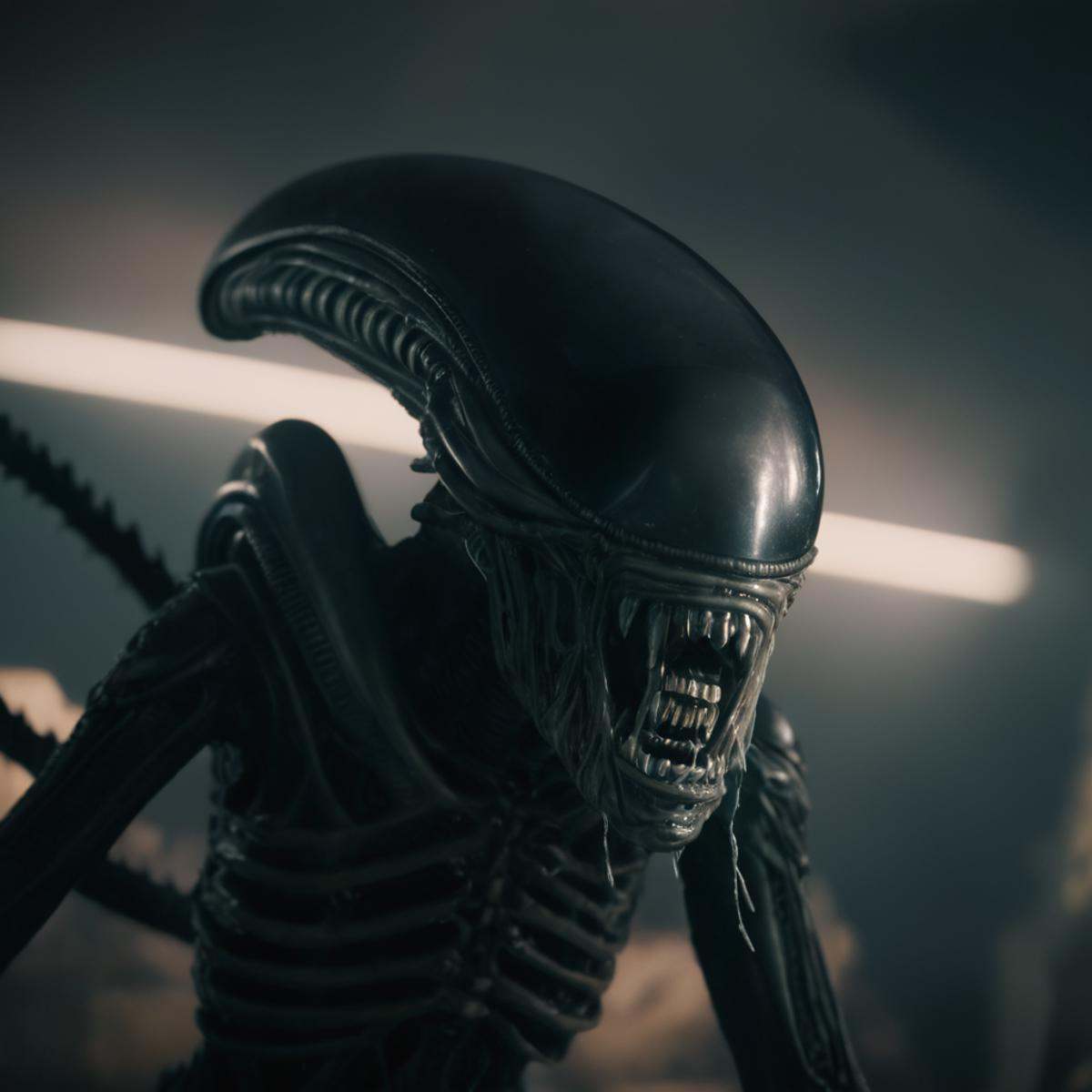 cinematic film still of Xenomorph a very creepy alien with a big head,  endoparasitoid extraterrestrial species,  solo on...