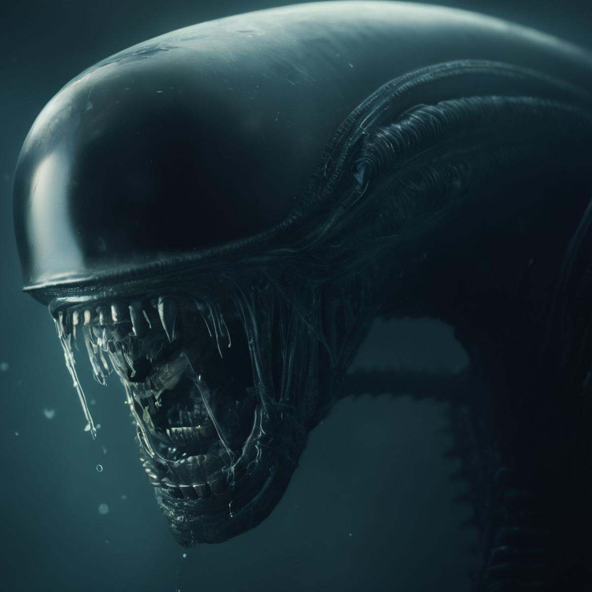 cinematic film still of Xenomorph a close up of a alien smiling to camera,  endoparasitoid extraterrestrial species,  teet...