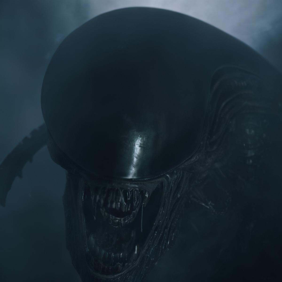cinematic film still of Xenomorph a close up of a large skull shaped object with three mouth and a male penis,  endoparasi...
