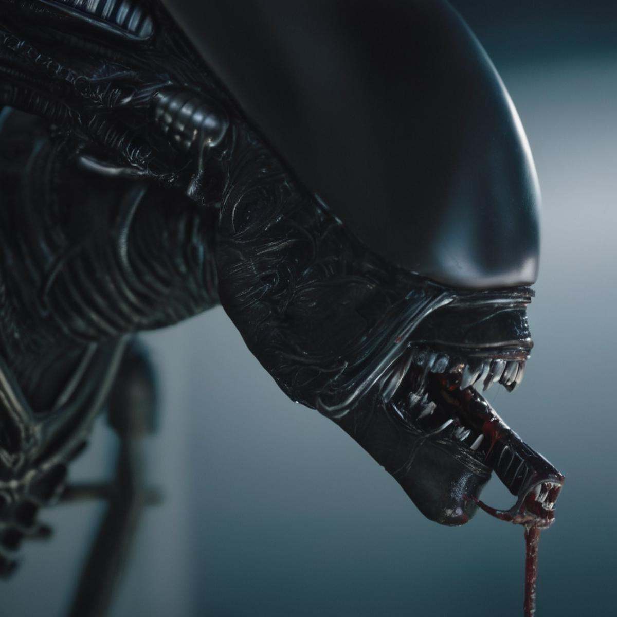 cinematic film still of Xenomorph a close up of a toy alien with a bloody mouth,  endoparasitoid extraterrestrial species,...