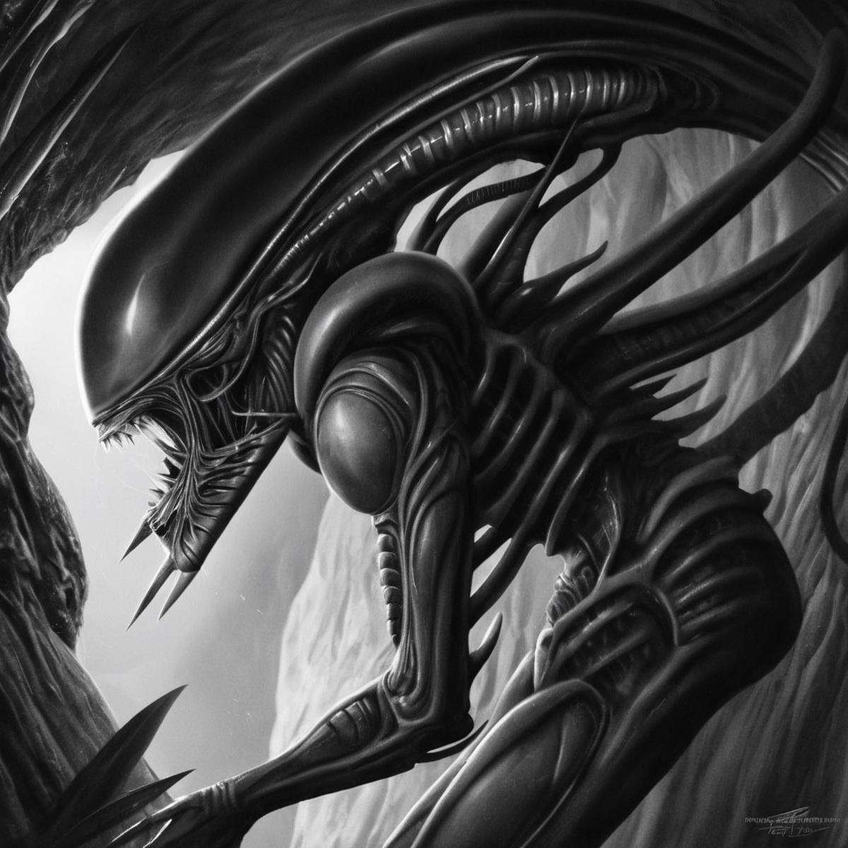 cinematic film still of Xenomorph a black and white drawing of a alien inside a cave,  endoparasitoid extraterrestrial spe...