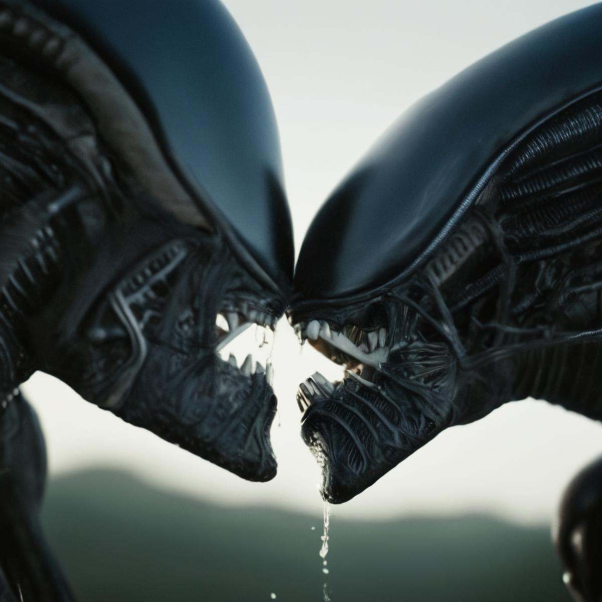 cinematic film still of Xenomorph a close up of two alien creatures kissing,  endoparasitoid extraterrestrial species,  op...