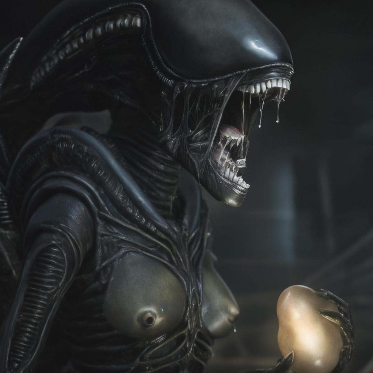 cinematic film still of Xenomorph a drawing of a female alien with a large breast,  endoparasitoid extraterrestrial specie...