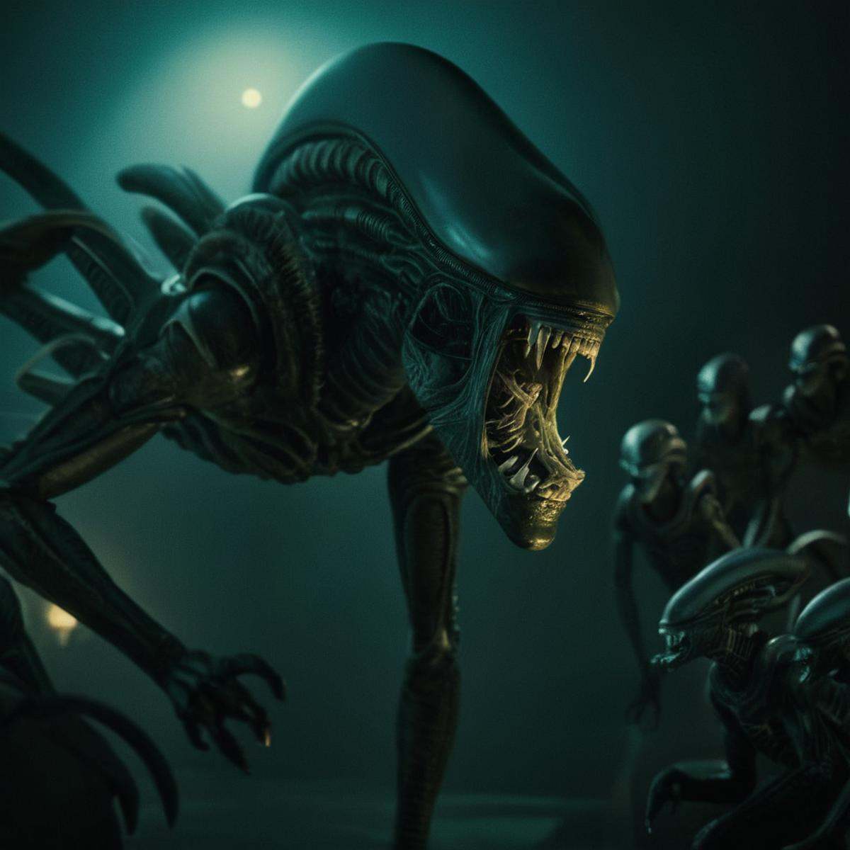 cinematic film still of Xenomorph a large alien creature staring at a group of smaller aliens with ray light in background...