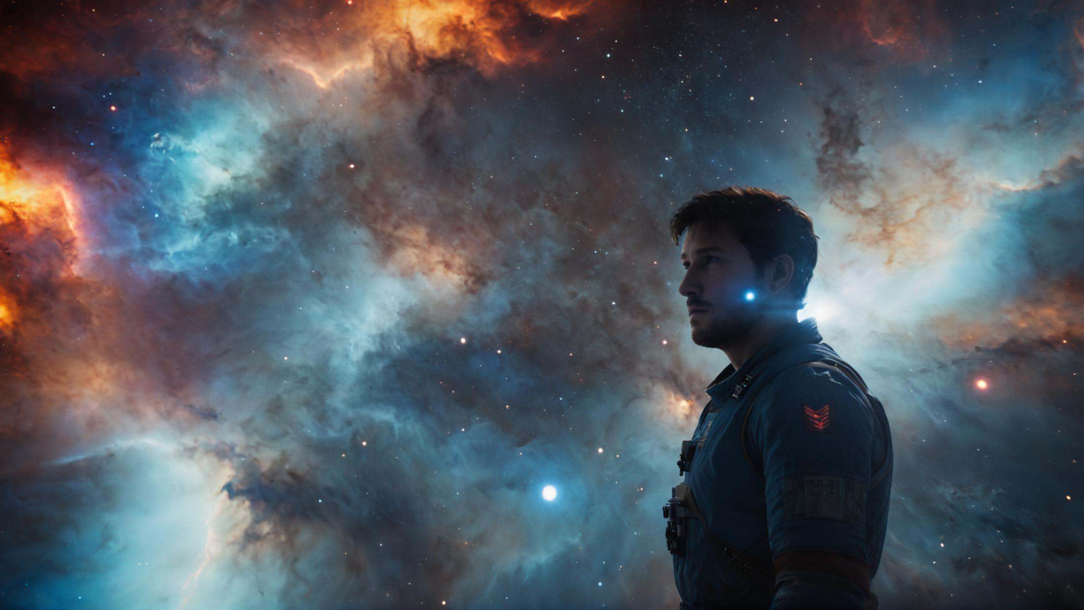 cinematic film still of In Unreal Engine style,  sharp detailed photo of a painting of a man in a nebula like space,  solo...