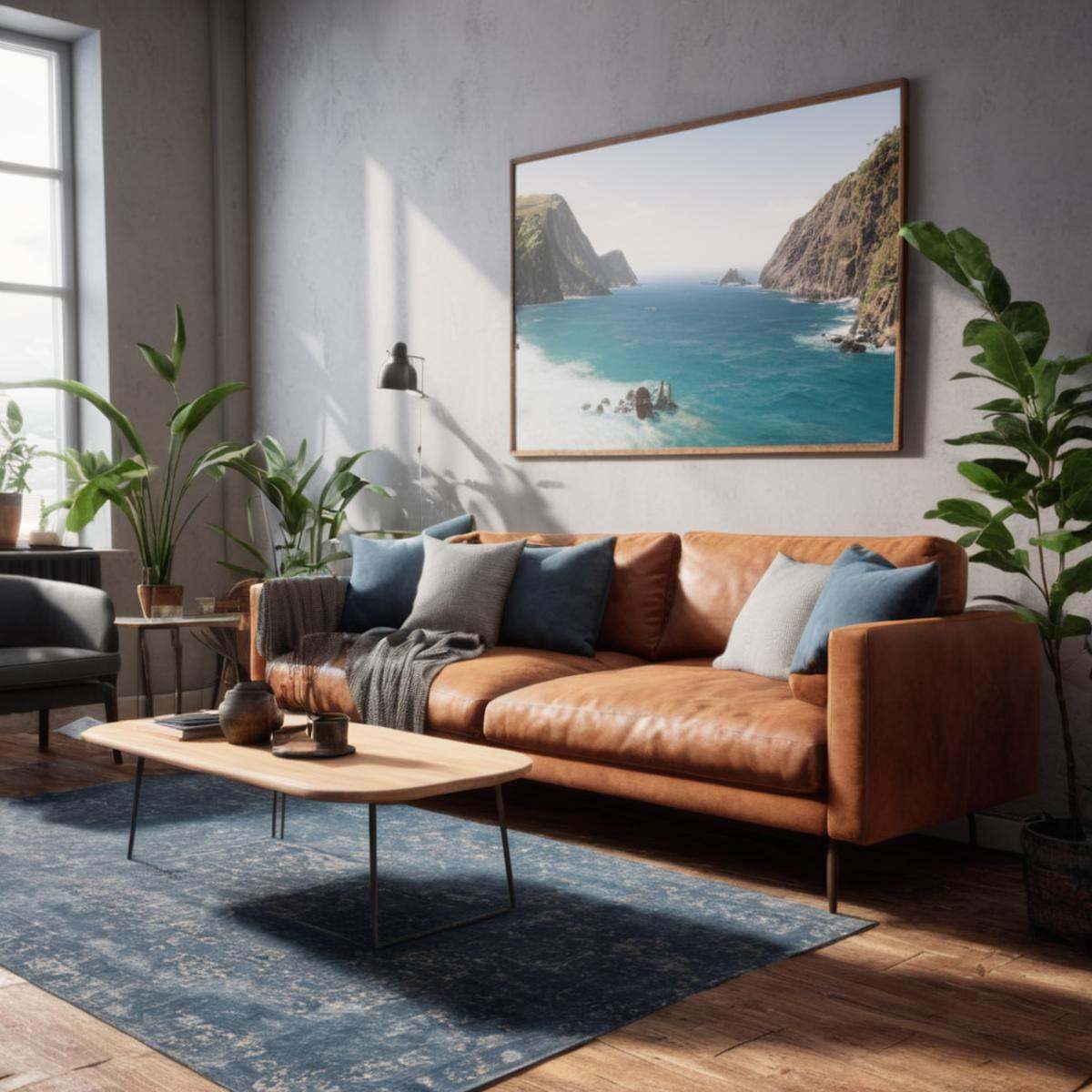 cinematic film still of An Unreal Engine image of a living room with a couch,  chair,  table and pictures on the wall on T...
