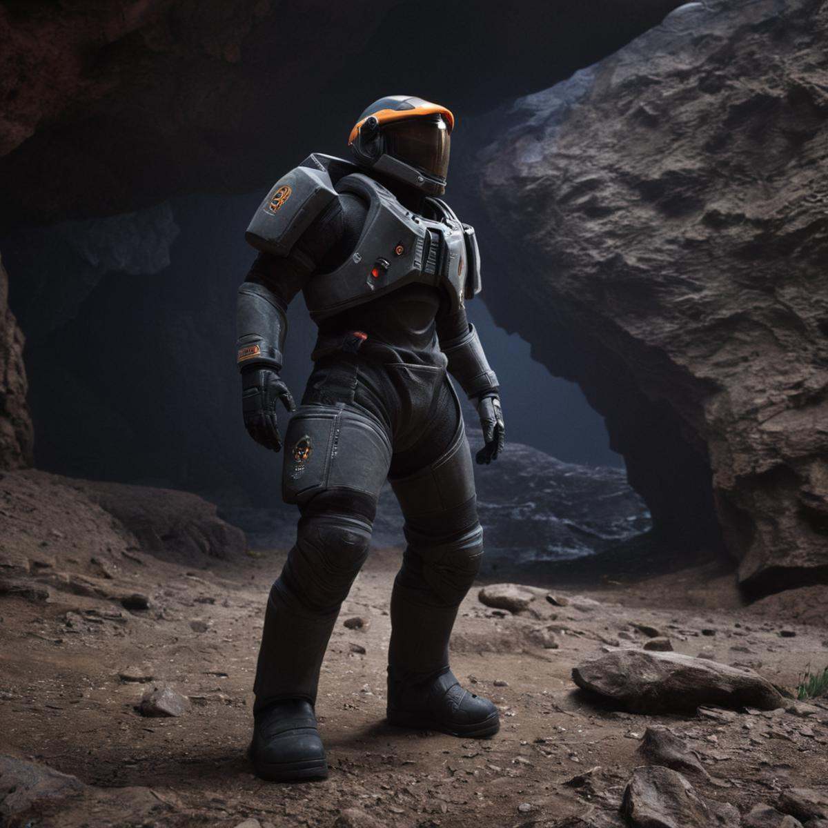 cinematic film still of An Unreal Engine image of a man standing next to a giant object in a cave,  gloves,  1boy on Tenso...