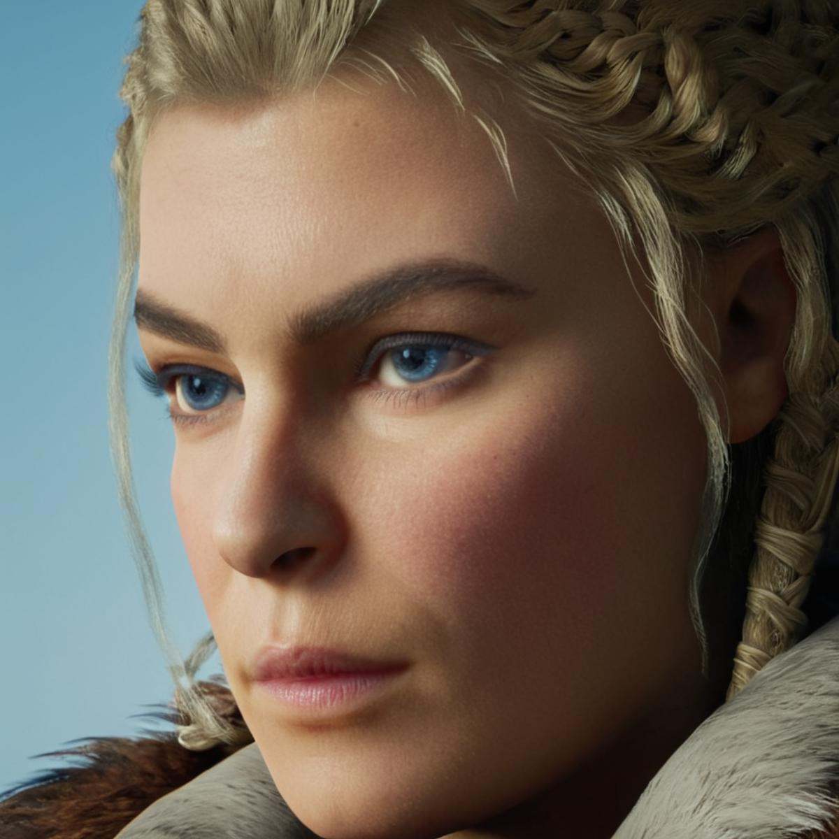 cinematic film still of In Unreal Engine style,  sharp detailed photo of Eivor Varinsdottir a woman with a braided hair an...