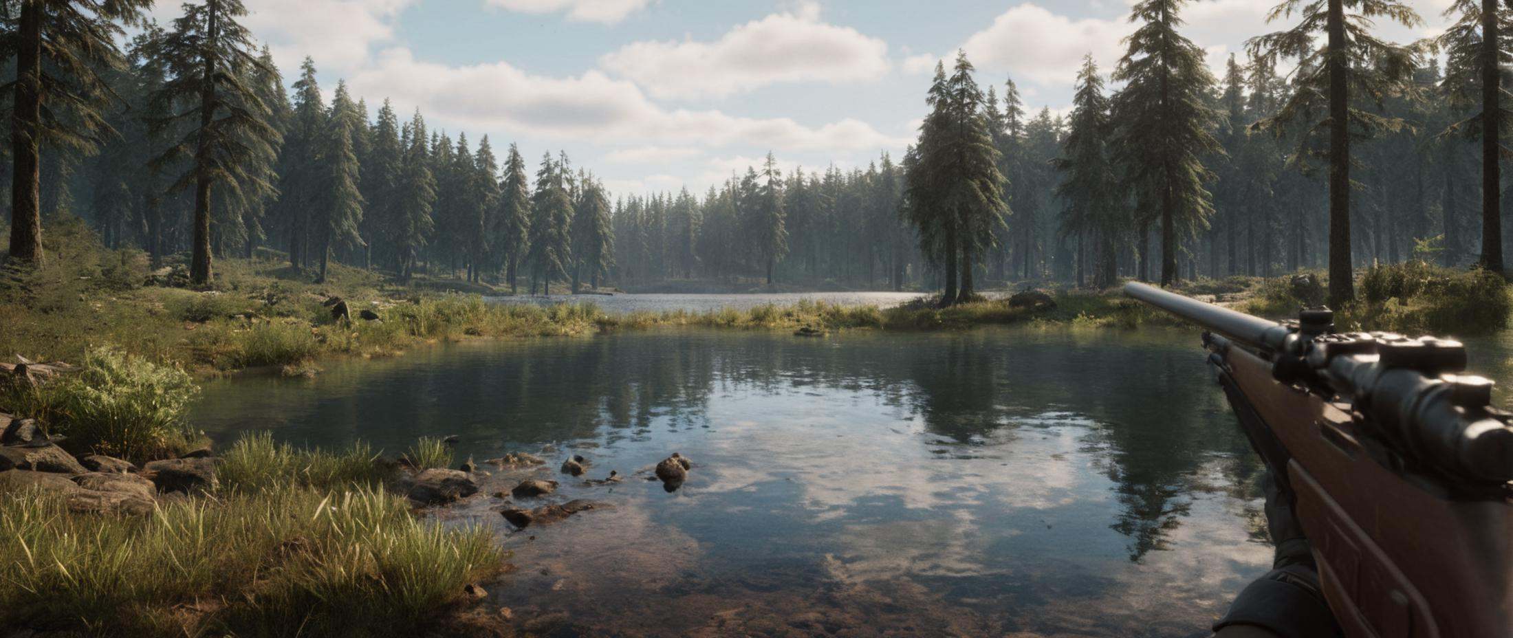 cinematic film still of In Unreal Engine style,  sharp detailed photo of POV point of view a rifle is pointed at a lake in...