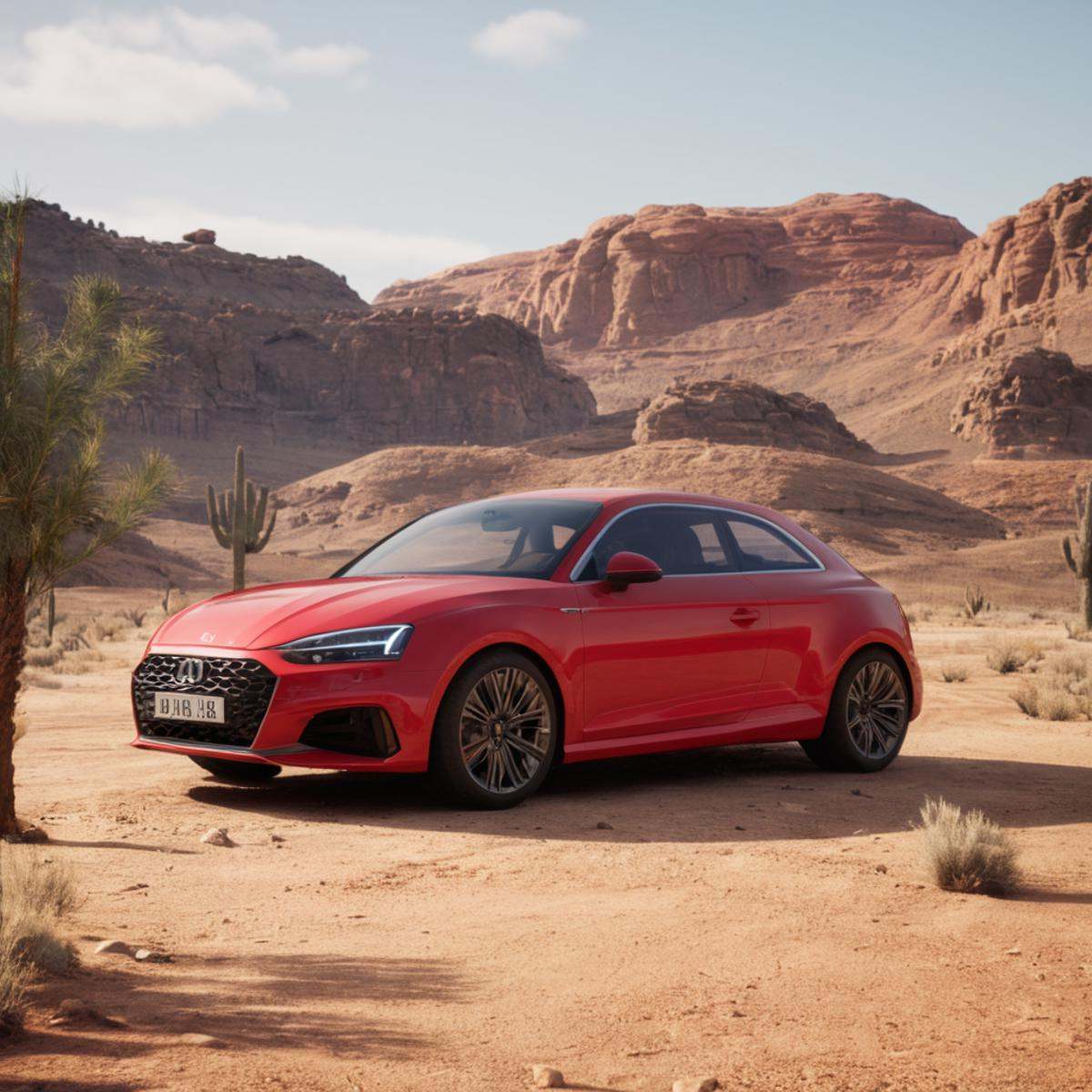 cinematic film still of An Unreal Engine image of a red car parked in a desert area,  outdoors,  tree on Tensor.Art